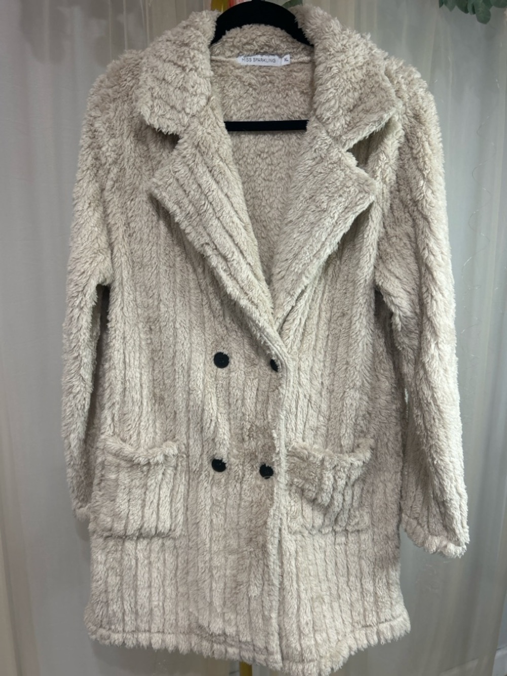 Beige Sherpa Teddy Coat Jacket Double Breasted Cozy Plush Oversized XL